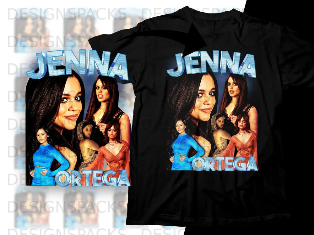 Jenna Ortega montage on black t-shirt.