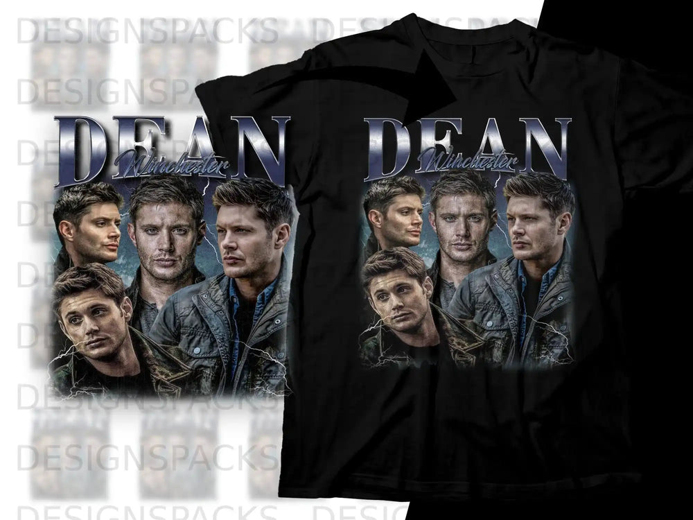 Dean Winchester collage on black t-shirt.