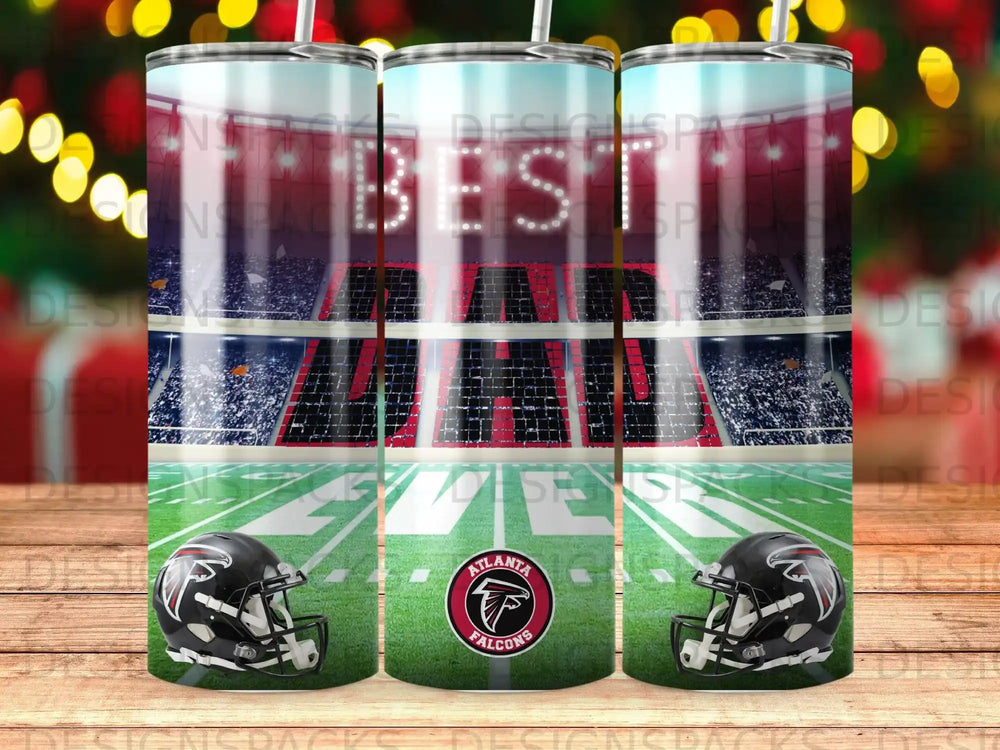 Falcons stadium with helmets and text.