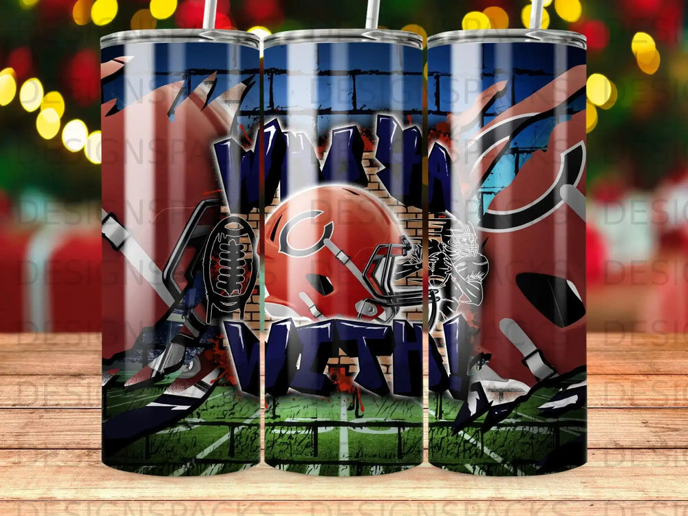 Football helmet and turf with graffiti-style "Win" text.