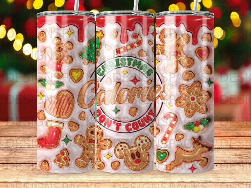 Christmas cookie pattern with "Calories Don't Count" text on a tumbler.