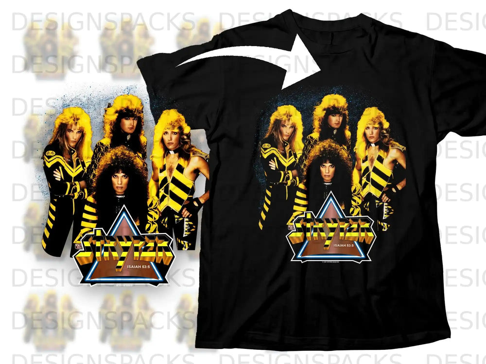 Black t-shirt featuring a band graphic with women in gold and black striped outfits.
