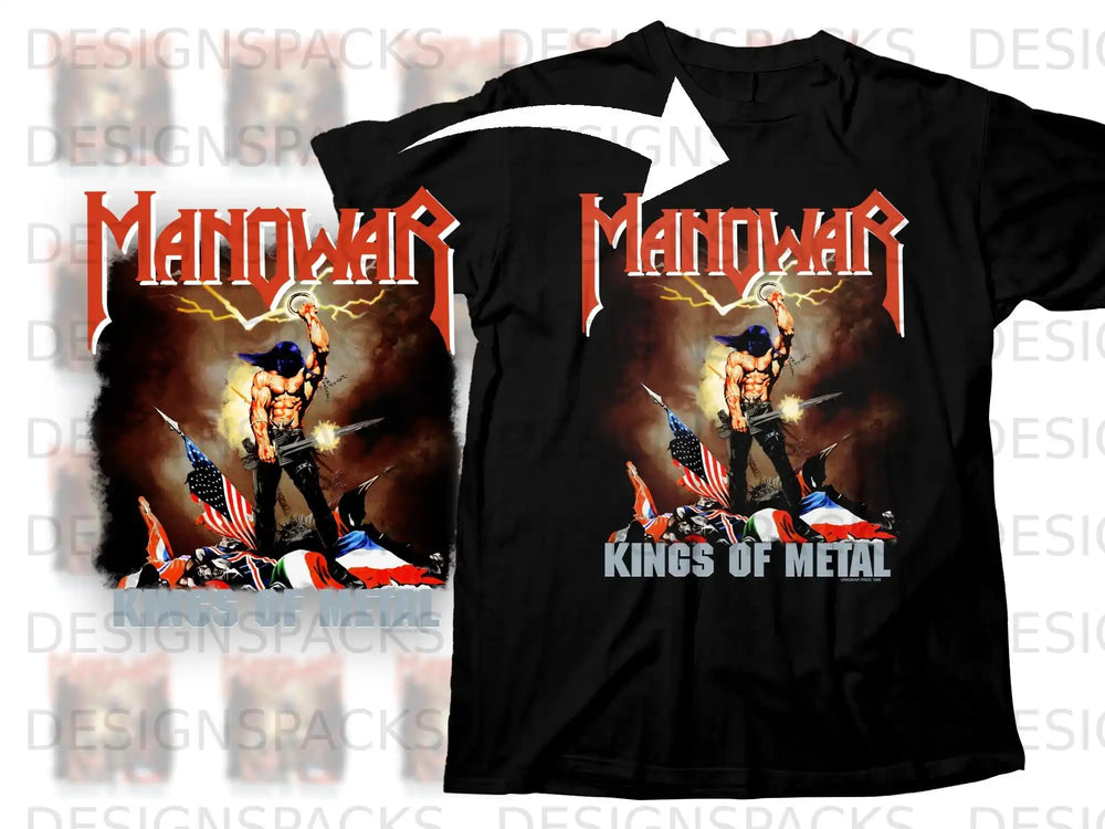 Black t-shirt featuring Manowar "Kings of Metal" album art with a muscular figure and flags.