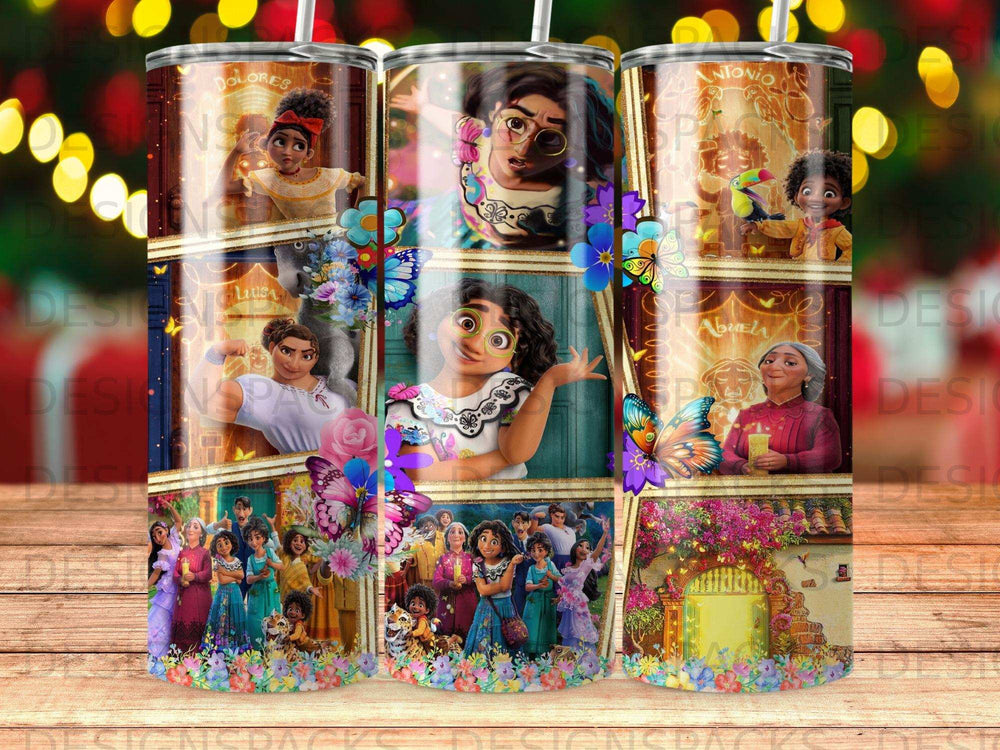 Encanto characters and butterflies on a decorative tumbler.