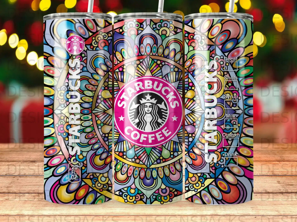 Starbucks tumbler with colorful mandala design and menu options.