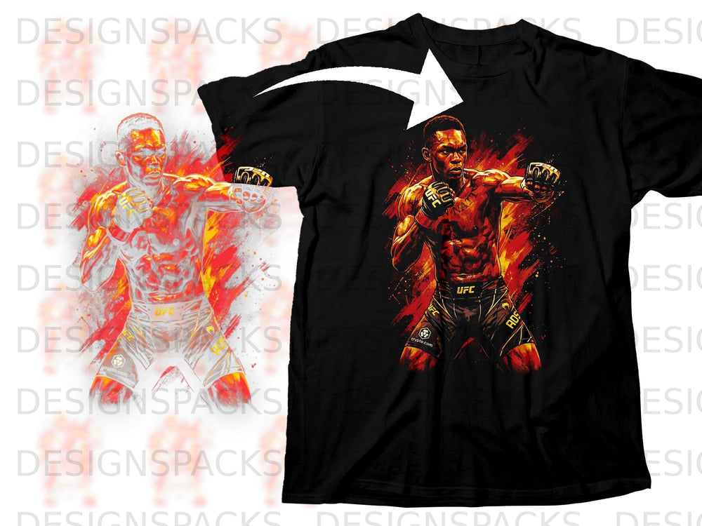 Black t-shirt featuring UFC fighter Israel Adesanya in a dynamic fighting pose.