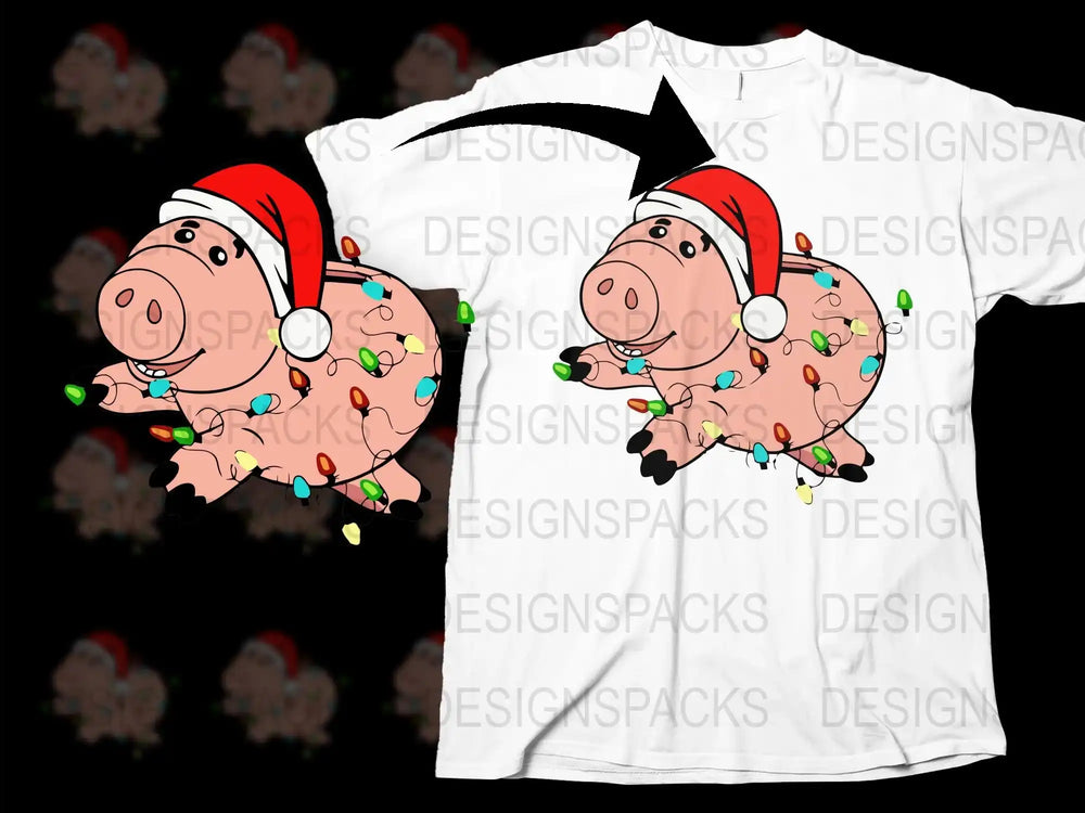 Funny Christmas Pig T-Shirt, Cartoon Pig with Lights Santa Hat Holiday Tee, Festive Animal Graphic Shirt for All Ages