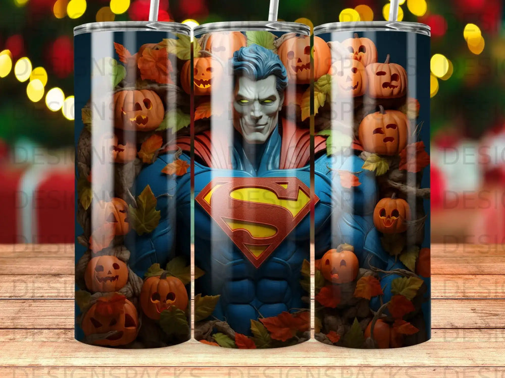 Superman surrounded by pumpkins and autumn leaves.