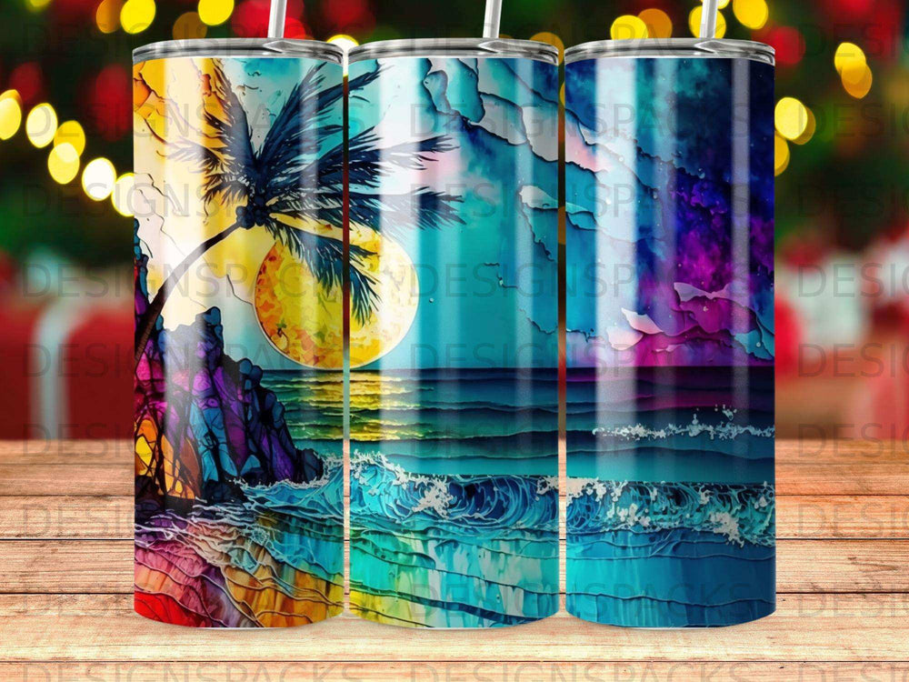 Colorful ocean sunset with palm tree, waves, and moon.