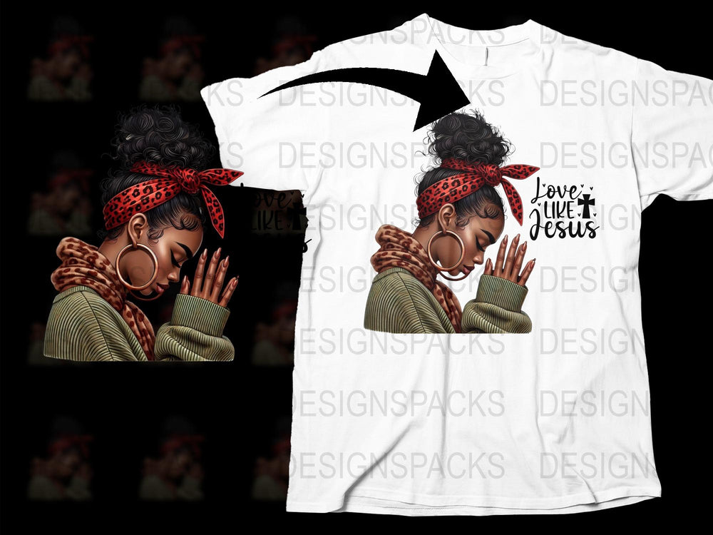 African American Woman Praying T-Shirt, Religious Christian Faith Apparel, Love Like Jesus Graphic Tee