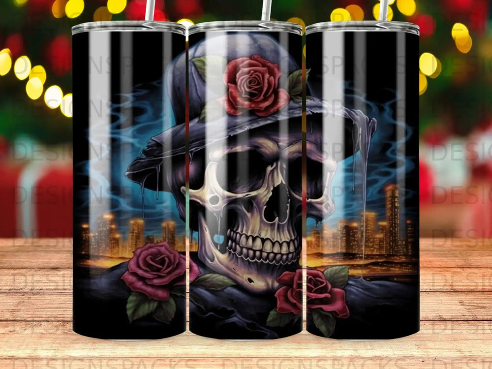 Skull with top hat and roses, city skyline in background.