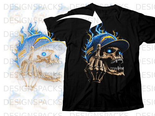 Black t-shirt with a design of a skull wearing a Chargers hat and holding up a middle finger.