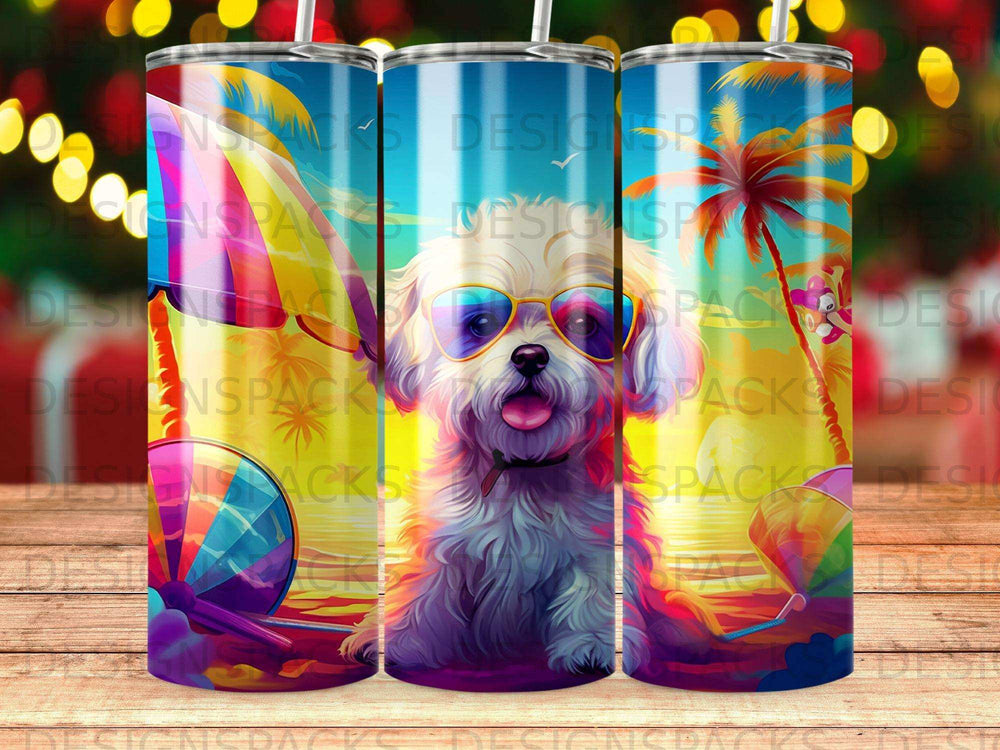 Dog wearing sunglasses on a beach with umbrellas and palm trees.