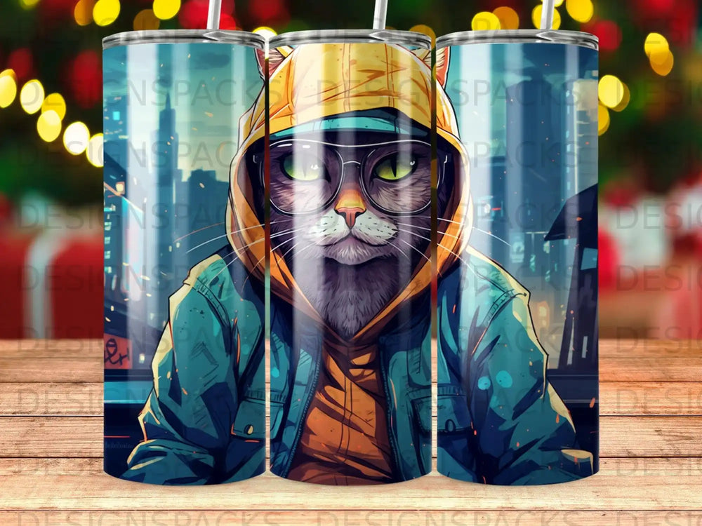 Cartoon cat wearing glasses and a hoodie, centered on a tumbler design.