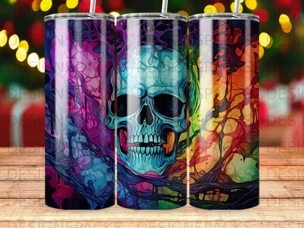 Colorful watercolor skull design on a tapered tumbler.