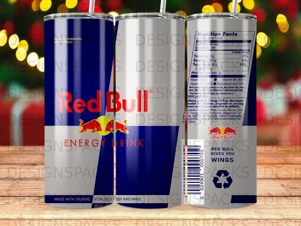Red Bull energy drink can with nutrition facts and the "Gives You Wings" slogan.