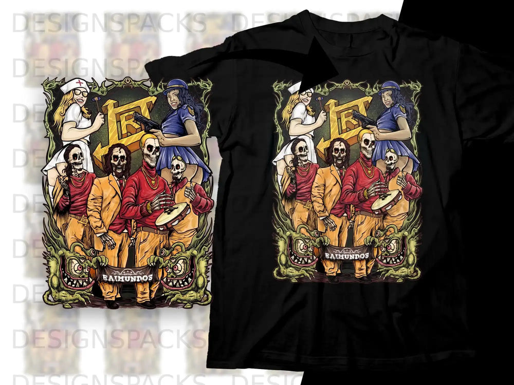 Cartoon band illustration with skeletons, nurses, and demons on a t-shirt design.