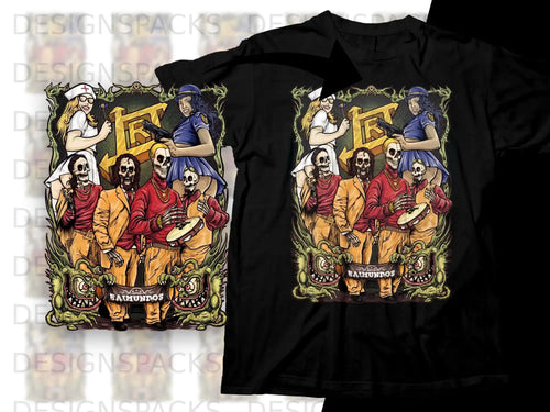 Cartoon band illustration with skeletons, nurses, and demons on a t-shirt design.