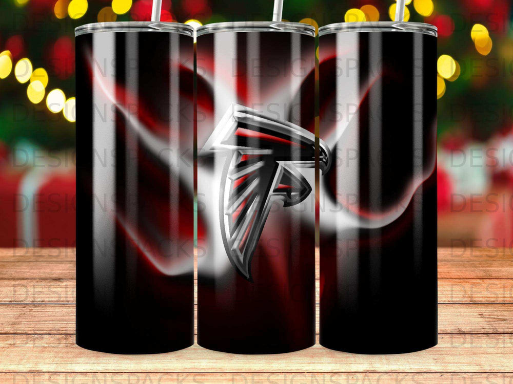Atlanta Falcons logo on a black tumbler with red and white accents.