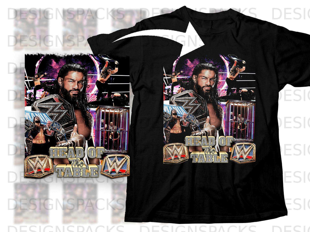 Roman Reigns holding championship belts in a wrestling ring with "Head of the Table" text.