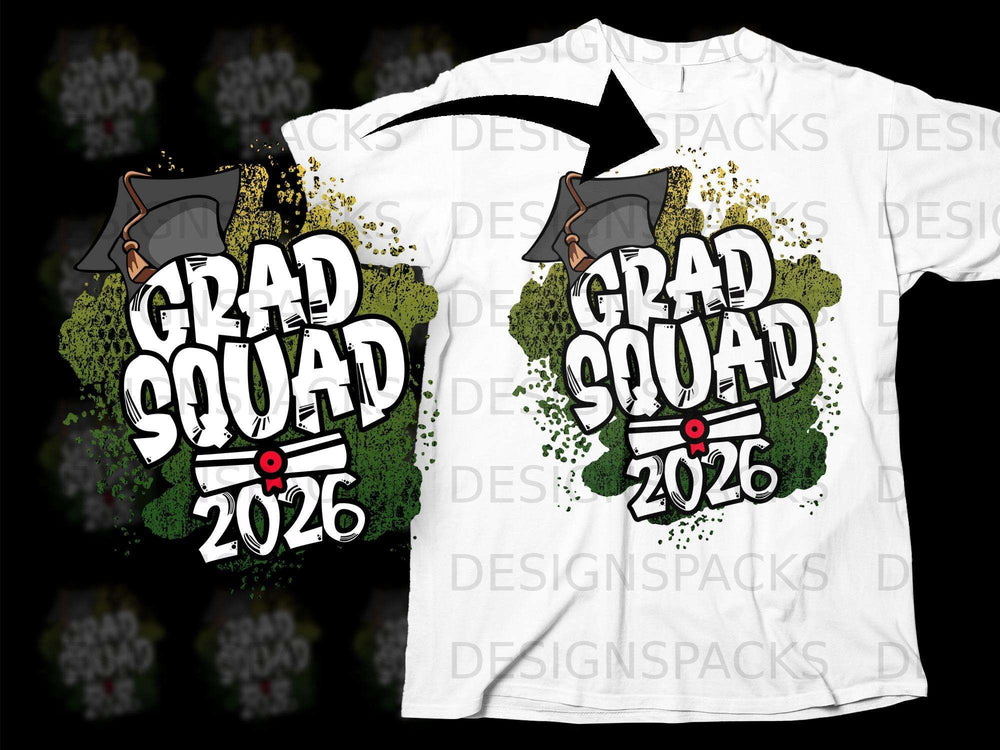 Grad Squad 2026 graphic with graduation cap and diploma on white t-shirt.