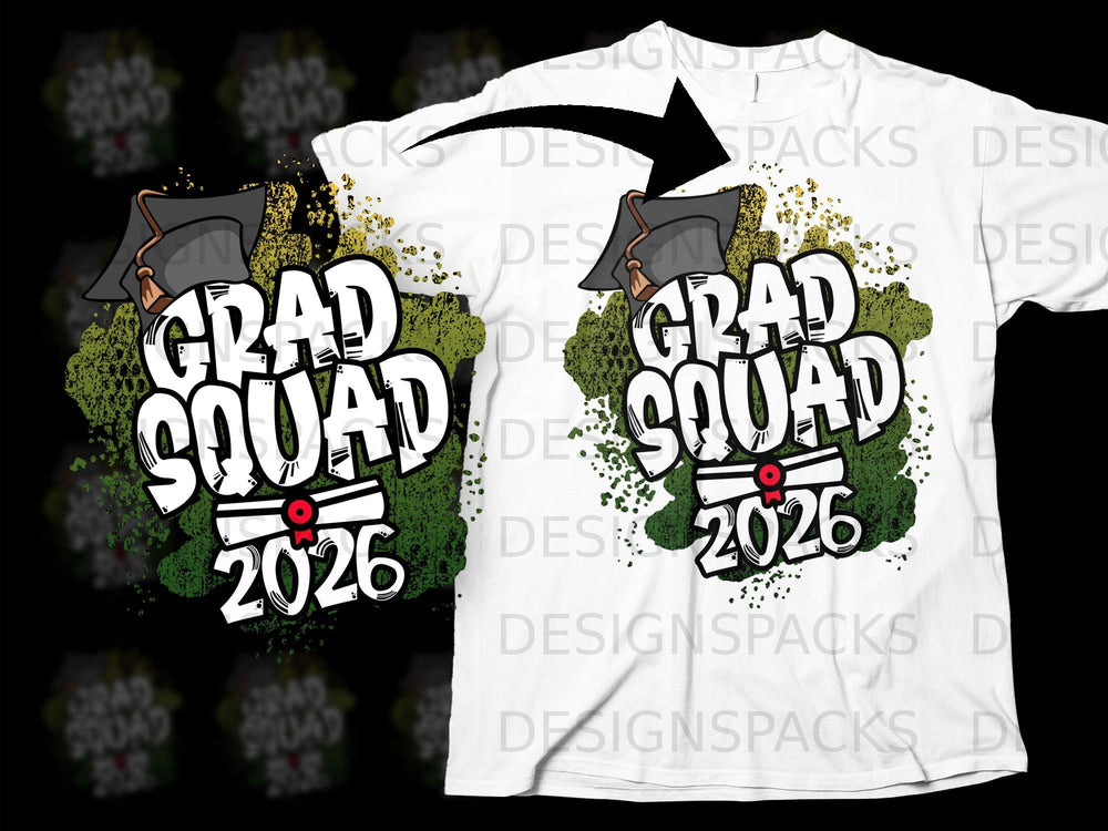 Grad Squad 2026 graphic with graduation cap and diploma on white t-shirt.