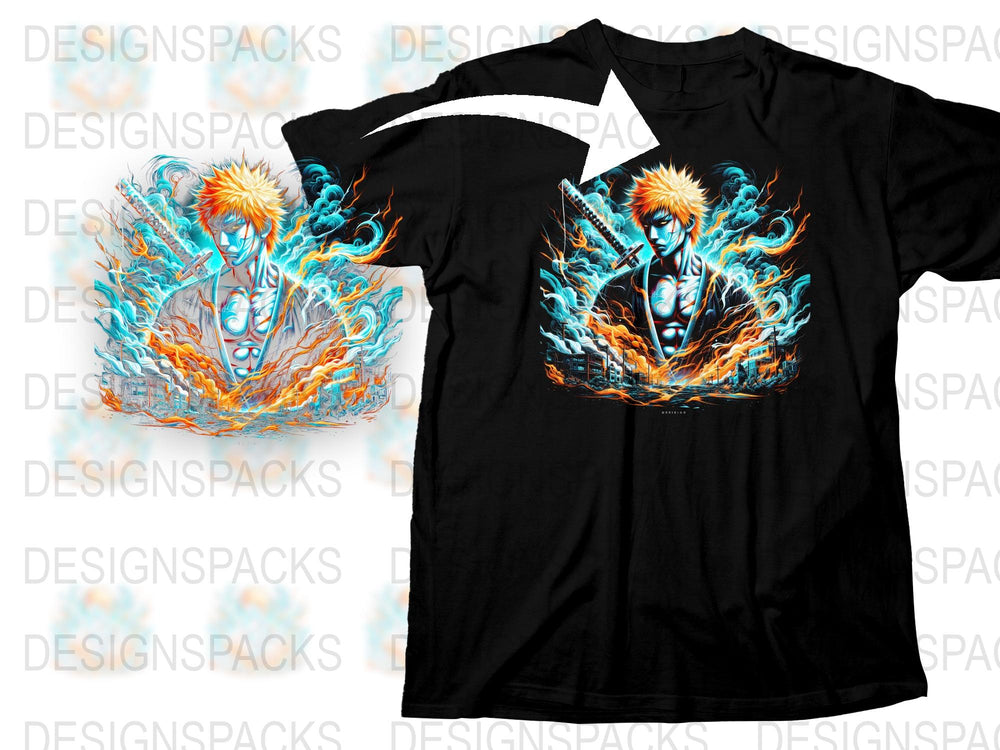 Anime Character Graphic T-Shirt, Vibrant Blue Fire Design, Cool Manga Inspired Tee, Unisex Fashion