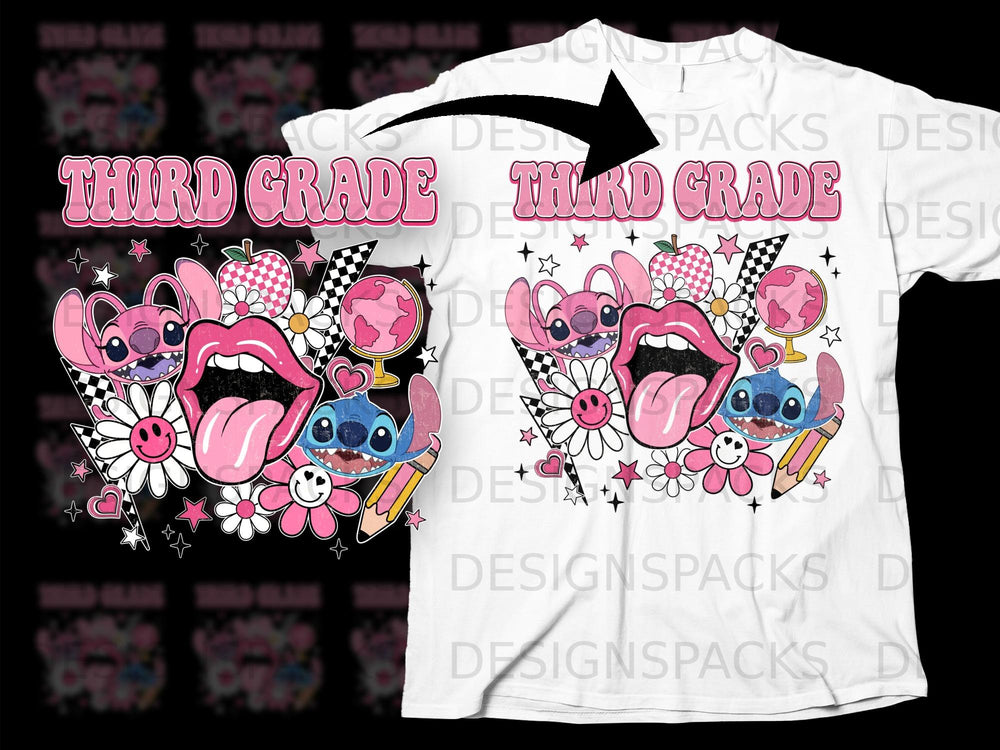Pink glitter text "THIRD GRADE" with cartoon Stitch, lips, and flowers.