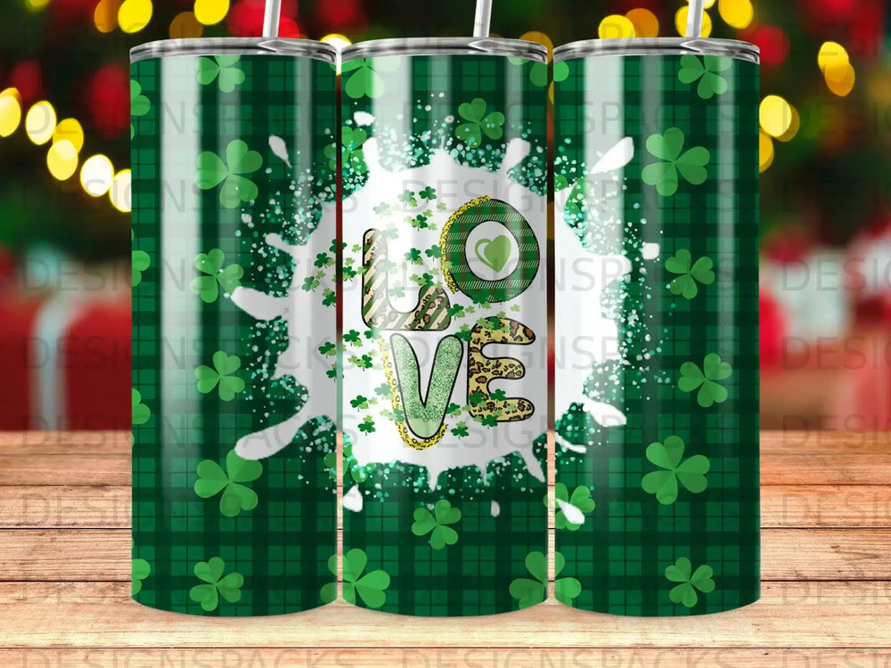 St Patricks Day Shamrocks Plaid Green LOVE Letters Tumbler