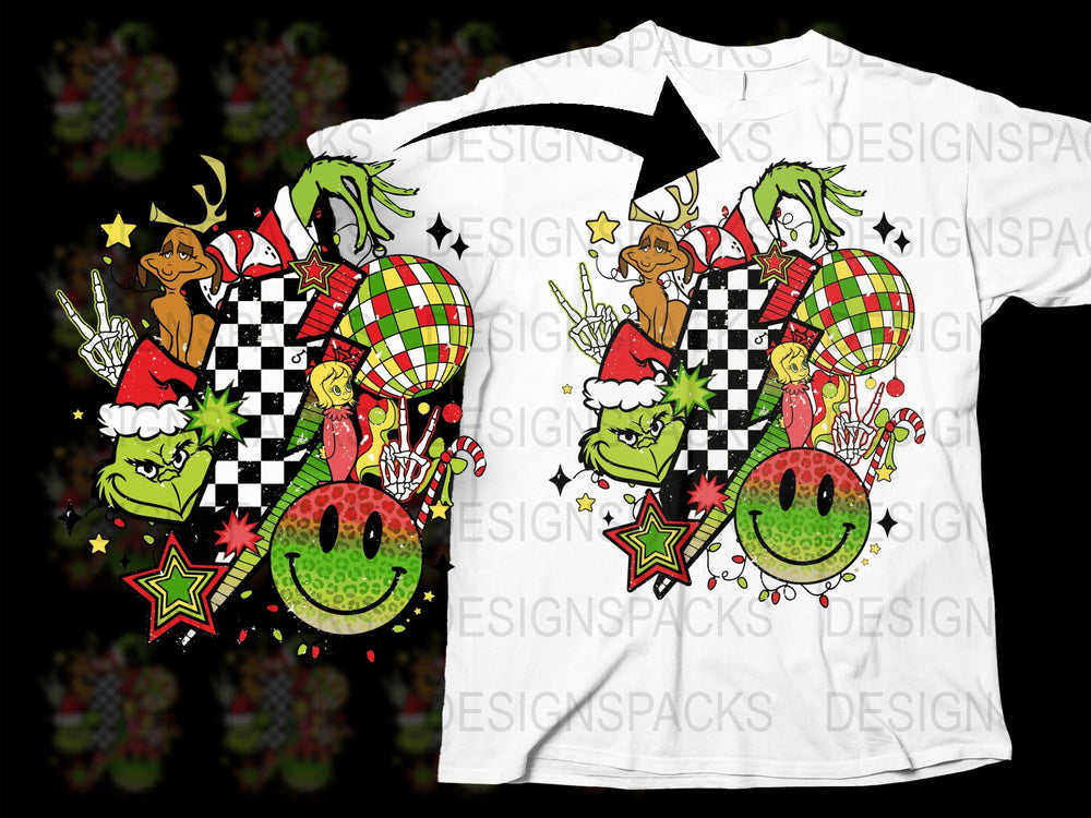 Festive Holiday T-Shirt with Grinch, Dogs, Watermelon, Stars, Checkerboard Pattern Christmas Tee