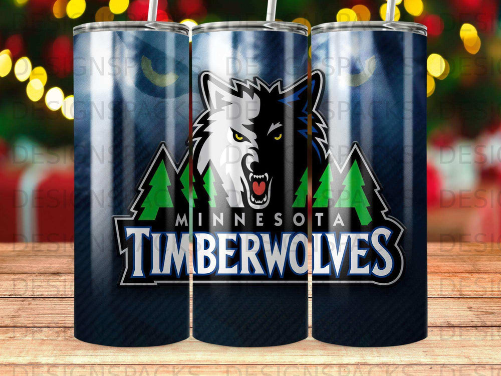 Minnesota Timberwolves logo on a blue textured tumbler.