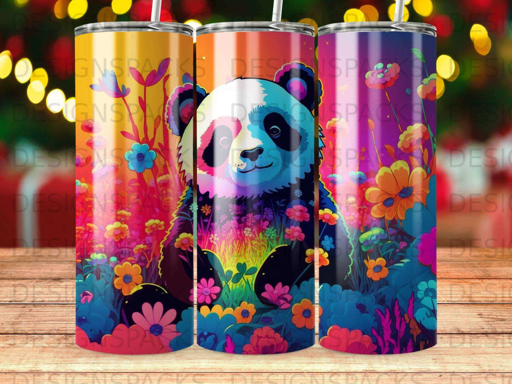 Colorful panda face surrounded by vibrant flowers and plants.