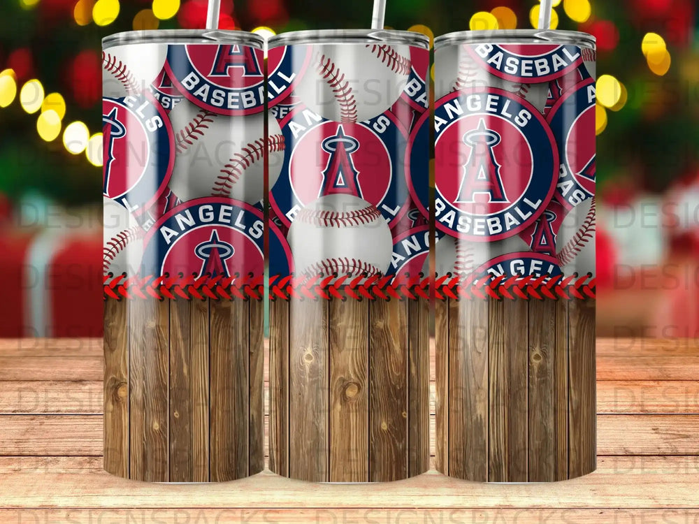 Los Angeles Angels baseball tumbler with wood grain pattern.