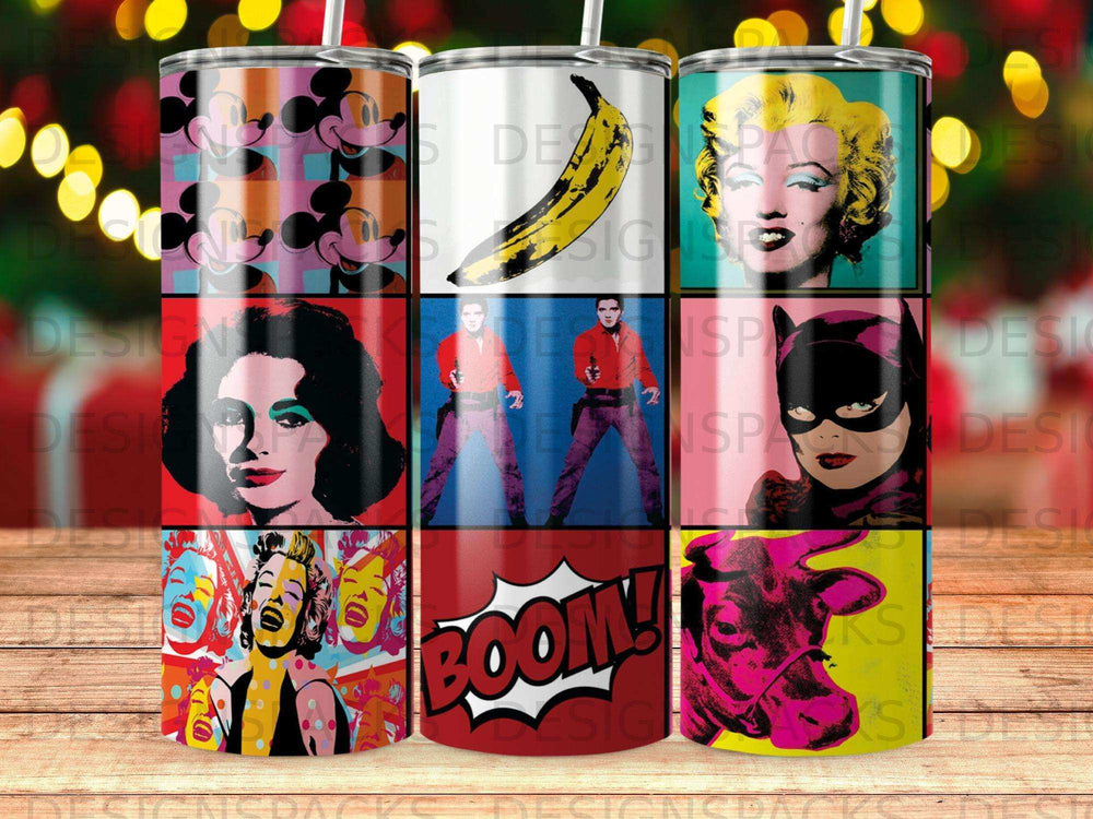 Pop art collage of Mickey Mouse, Marilyn Monroe, banana, and cow.