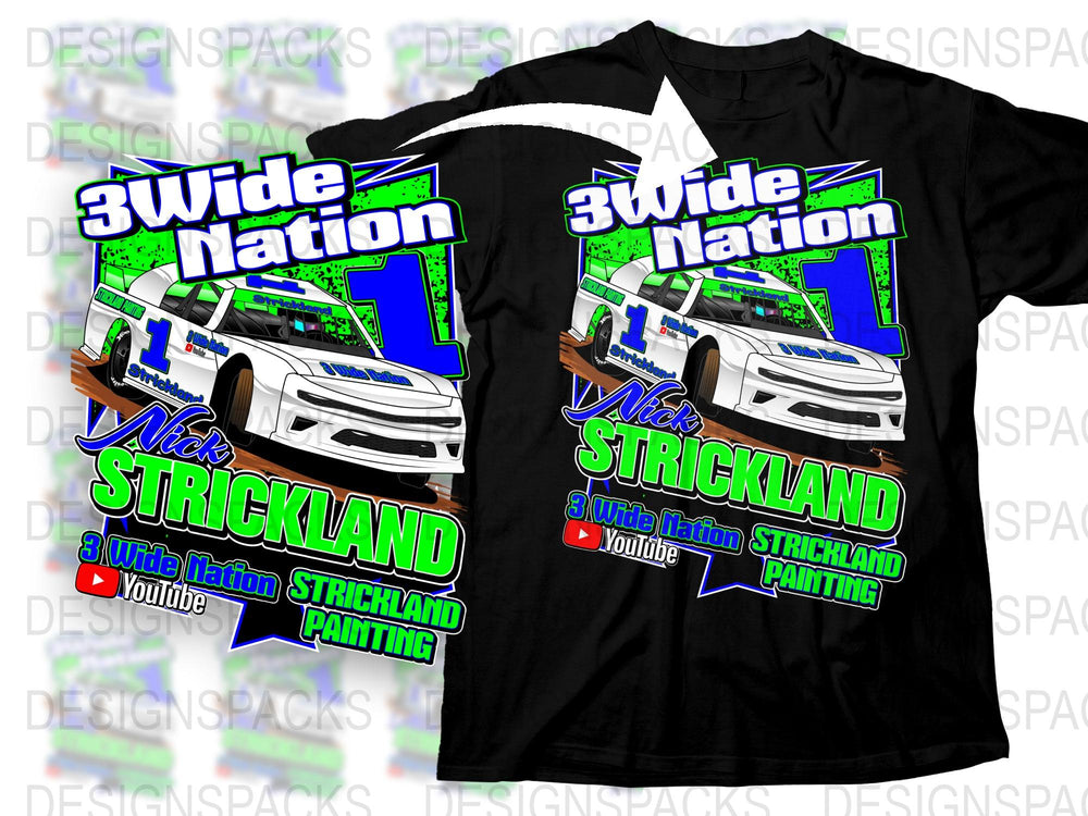 Nick Strickland 3Wide Nation Racing T-Shirt, Motorsport Car Graphic Tee, Vibrant NASCAR Inspired Shirt Design