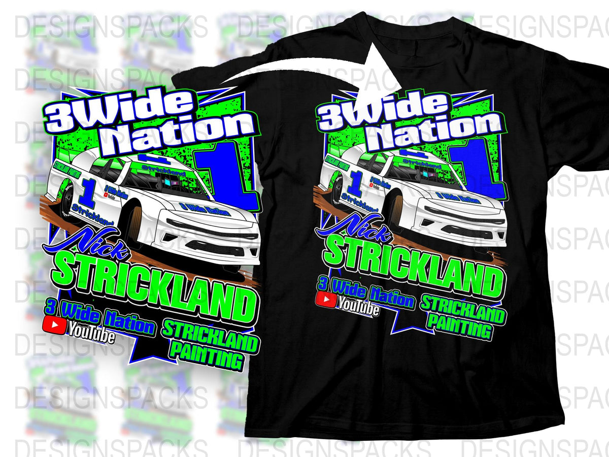 Nick Strickland 3Wide Nation Racing T-Shirt, Motorsport Car Graphic Tee, Vibrant NASCAR Inspired Shirt Design