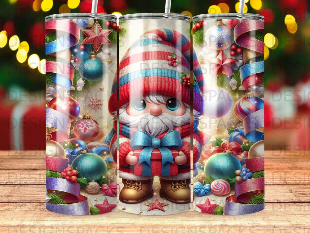 Gnome with gift and festive ornaments, red, white, and blue stripes.