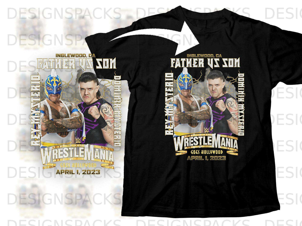 WrestleMania Hollywood t-shirt with Rey Mysterio and Dominik Mysterio.