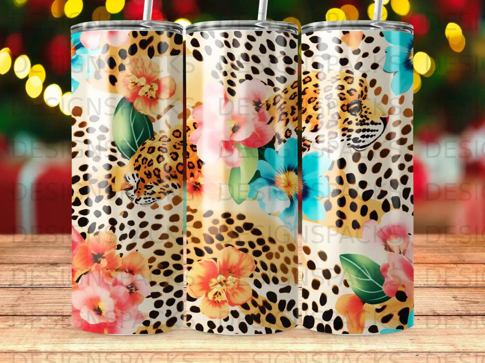 Leopard print tumbler with floral accents and bokeh lights.