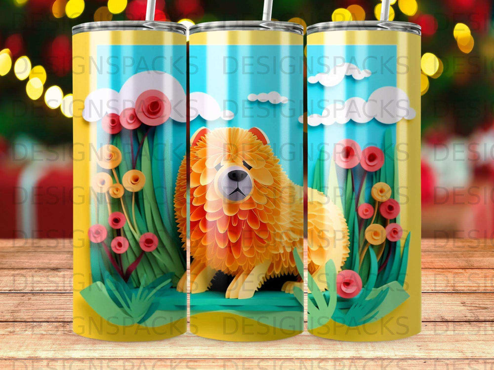 Fluffy orange dog with green foliage on a tumbler.