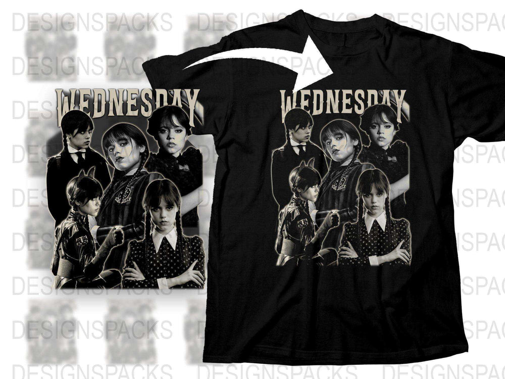 Wednesday Addams T-Shirt, Classic Character Collage, Goth Style Black Tee, Fan Merch, Multiple Sizes Available