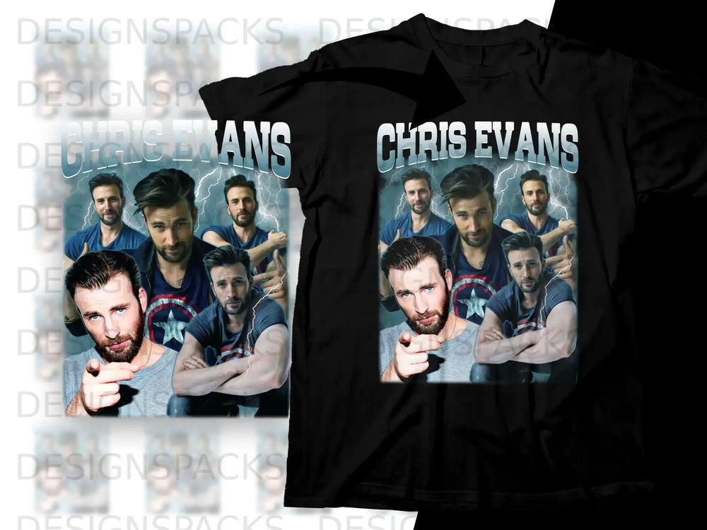 Chris Evans collage t-shirt design with text "CHRIS EVANS"