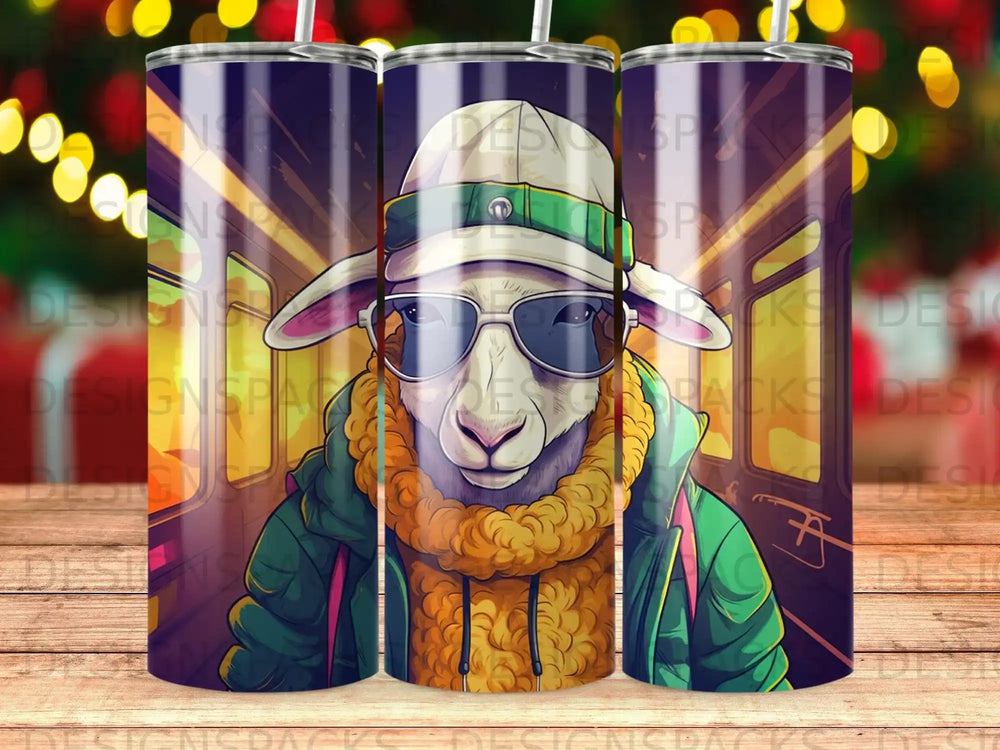 Sheep wearing sunglasses and a green jacket on a train.