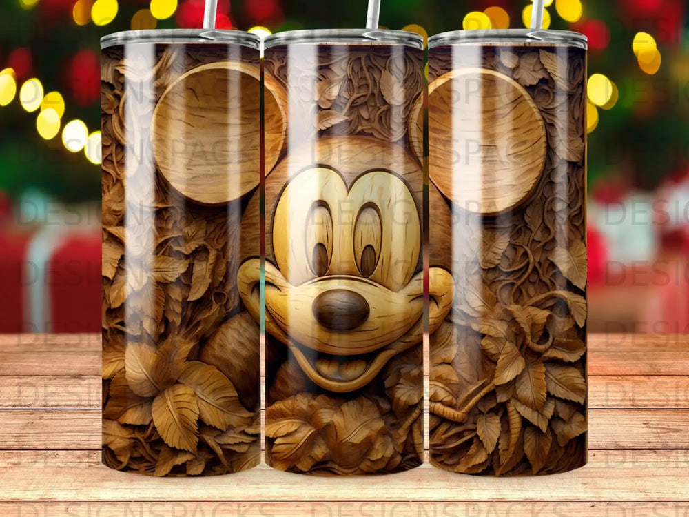 Wooden Mickey Mouse head carved into textured wood, three tumblers shown.