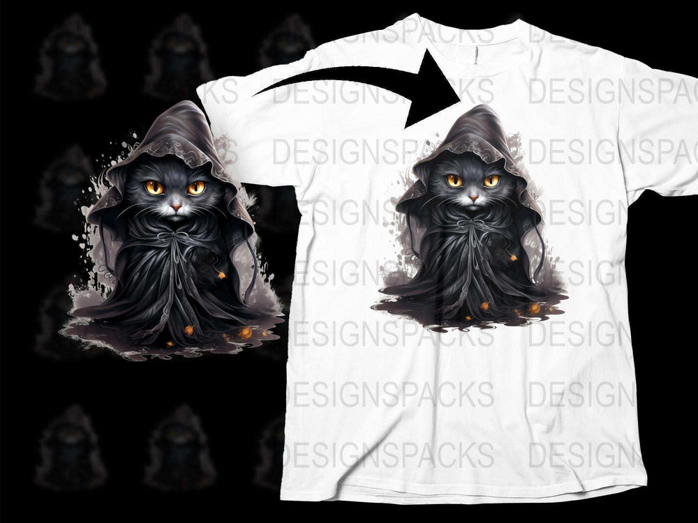 Mystic Black Cat Hooded Cloak Graphic T-Shirt, Magical Fantasy Cat Art, Unisex Witchy Tee Shirt, Unique Halloween Apparel