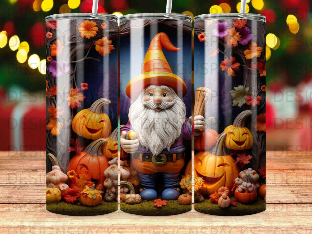 Gnome with pumpkins and autumn leaves, orange hat, holding baseball bat.