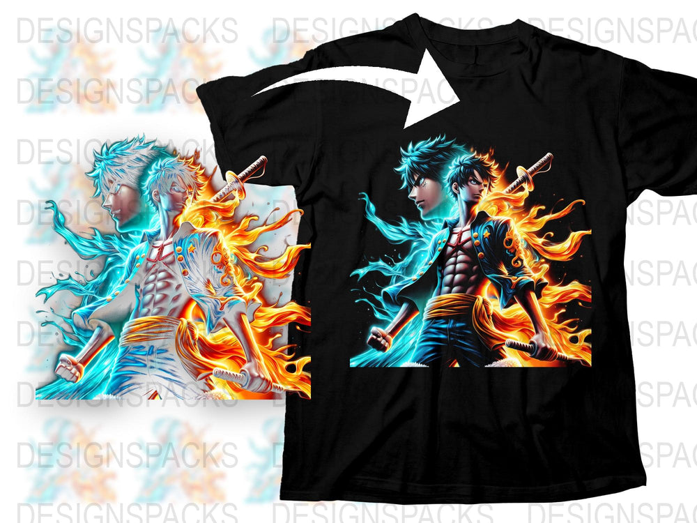 Anime Character Fire and Ice Graphic T-Shirt, Cool Manga Style Tee, Vibrant Unisex Fashion Top