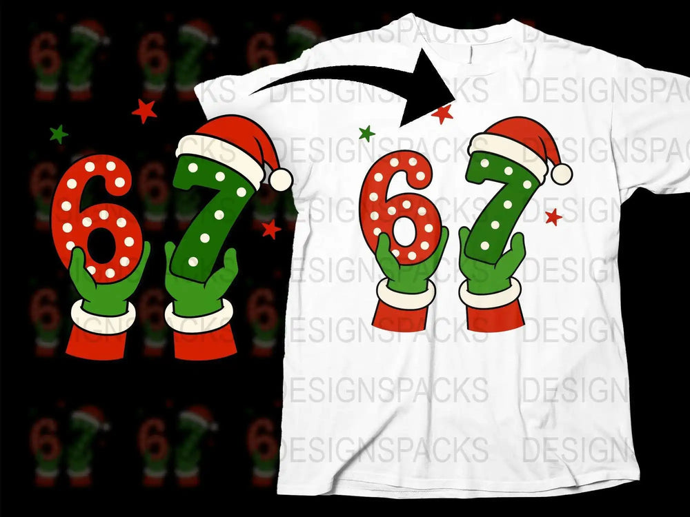 Christmas Elf Gloves and Number 67 Festive T-Shirt Design, Holiday Apparel Gift