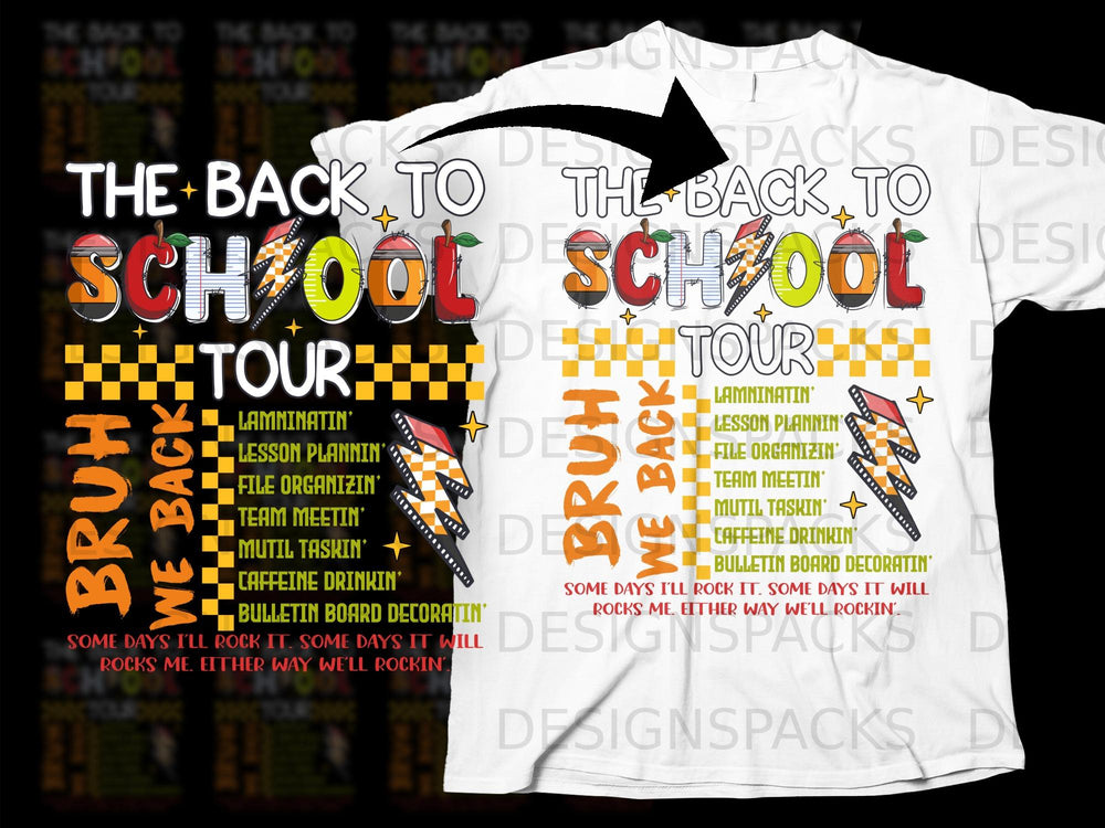 "The Back to School Tour" text design with list of activities and motivational phrases.