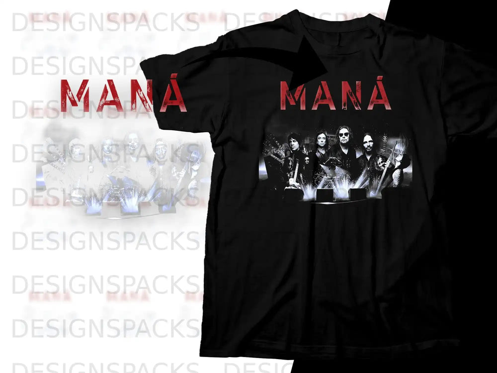 Black t-shirt with band "Maná" logo and distressed portrait.